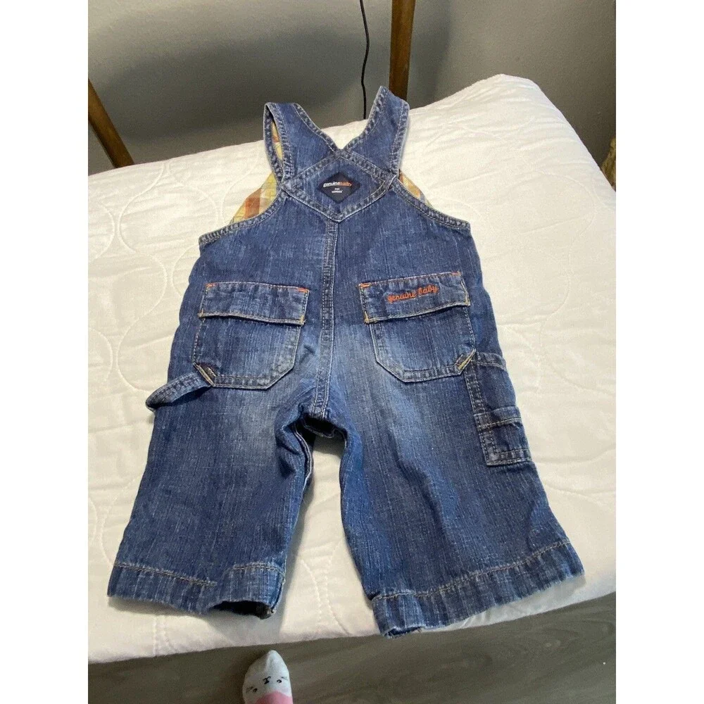 OshKosh BGosh Overalls 6 month Plaid Lined Vestbak Denim Snap USA Vtg. EUC